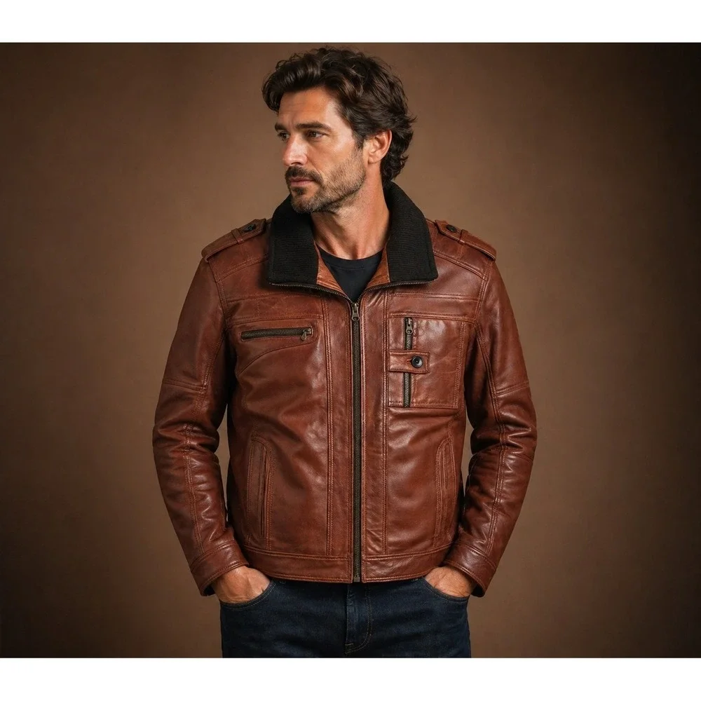 Men's Cognac Brown Real Leather Moto Biker Bomber Jacket Ribbed Collar Size L